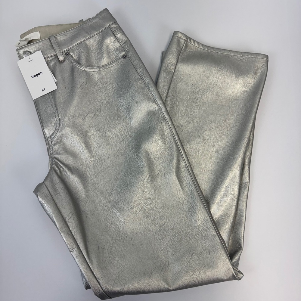 H&M Vegan Metallic Silver Faux Leather Straight Leg Pants Womens 10 NWT